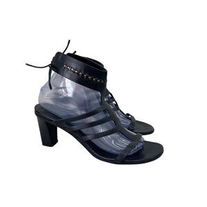 Carritz Arae Black Leather Heeled Open Toe Ankle Strap Sandals Shoes Womens 40